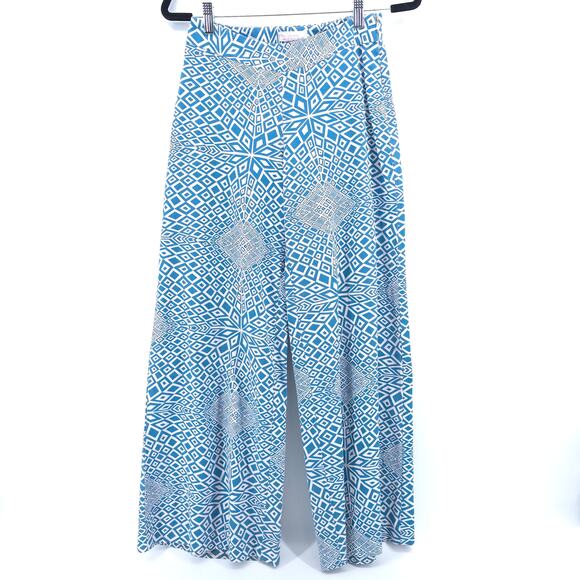 Dar Retro Psychedelic Handmade Blue White Geometric Pattern Wide Leg Pants 29 - Picture 1 of 10